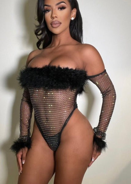 Rhinestone fishnet bodysuit with fur trim