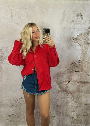 Distressed Denim Shacket - Red