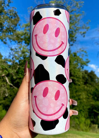 Shimmer Smiley Cow Print Tumbler (20oz skinny)