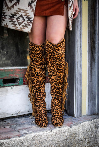 Leopard Knee High Fringe Boots