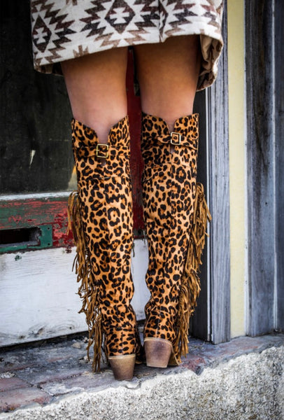 Leopard Knee High Fringe Boots