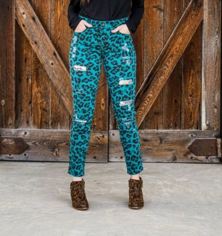 Teal Leopard Print Jeans w/ Silver Sequin Patches