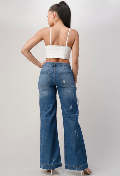 Distressed Wide Leg Jeans - Medium Wash