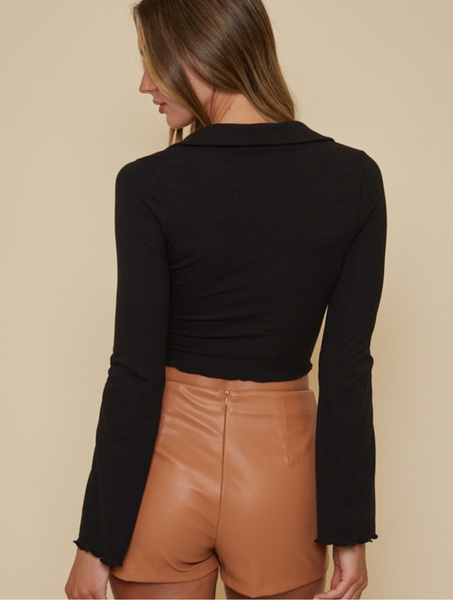 Black V Neck Crop with Flare Sleeves