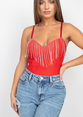 Red Rhinestone Fringe Bodysuit