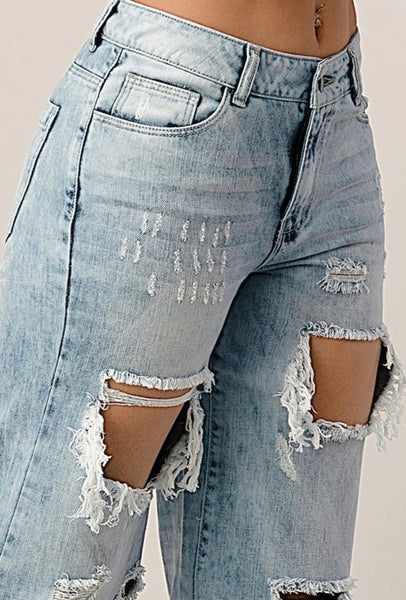 Distressed Wide Leg Jeans - Acid Wash