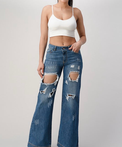 Distressed Wide Leg Jeans - Medium Wash