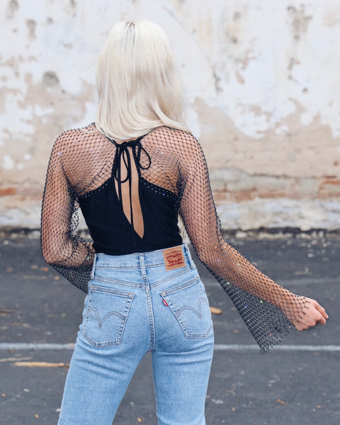 Rhinestone Fishnet Sleeve Bodysuit