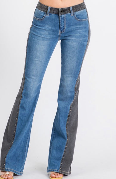 Two Tone Studded Flare Jeans