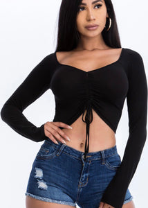 Cinched Long Sleeve Crop - Black