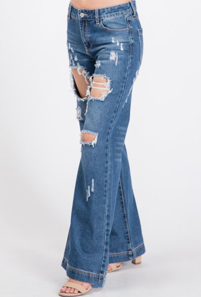 Distressed Wide Leg Jeans - Medium Wash