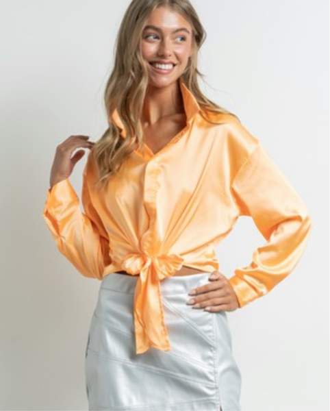 Tie Front Button Up - Neon Orange