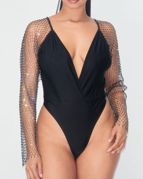 Rhinestone Fishnet Sleeve Bodysuit