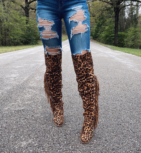 Leopard Knee High Fringe Boots