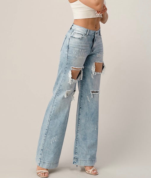 Distressed Wide Leg Jeans - Acid Wash