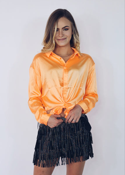 Tie Front Button Up - Neon Orange