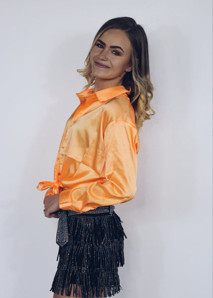 Tie Front Button Up - Neon Orange