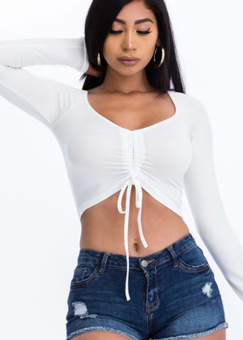 Cinched Long Sleeve Crop - White