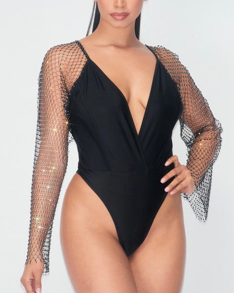 Rhinestone Fishnet Sleeve Bodysuit