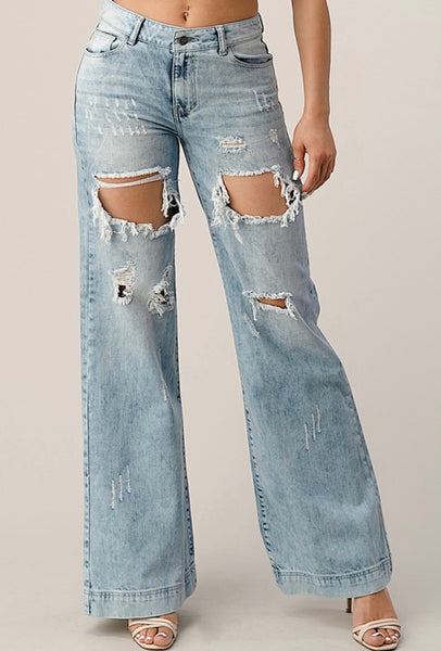 Distressed Wide Leg Jeans - Acid Wash