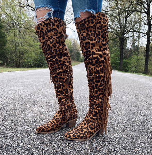 Leopard Knee High Fringe Boots