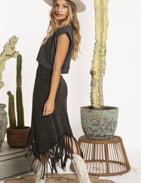 Black Mineral Wash Fringe Skirt