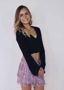 Black V Neck Crop with Flare Sleeves