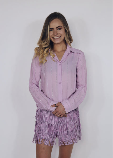 Rhinestone Pinstripe Button Up - Lilac