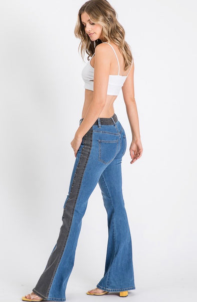 Two Tone Studded Flare Jeans