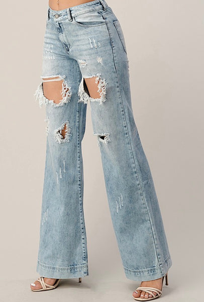 Distressed Wide Leg Jeans - Acid Wash