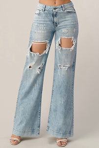 Distressed Wide Leg Jeans - Acid Wash