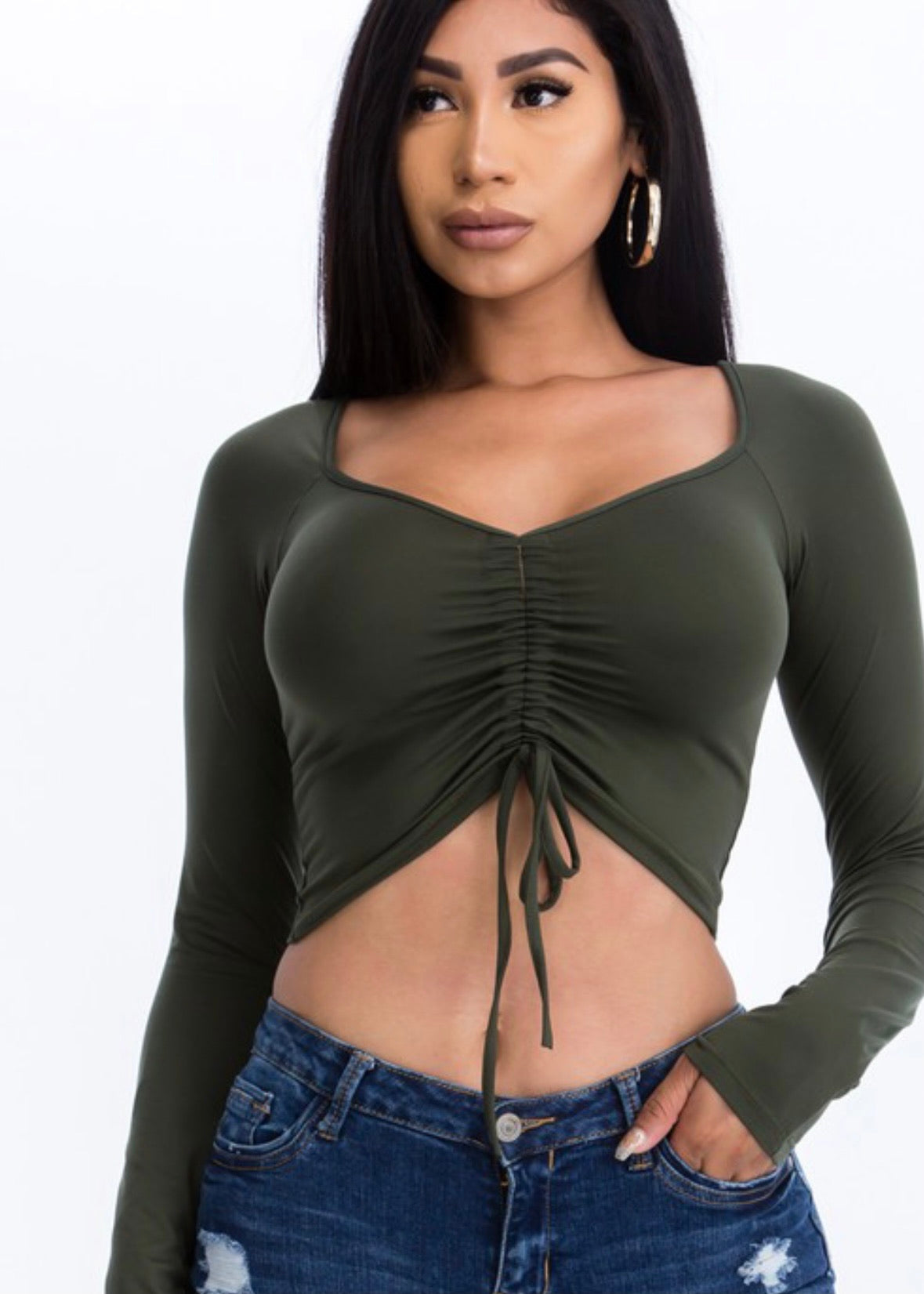 Cinched Long Sleeve Crop - Olive