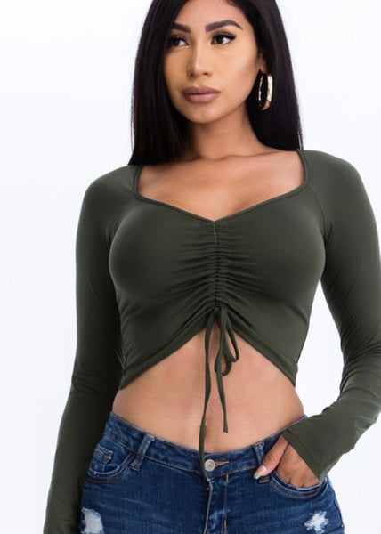 Cinched Long Sleeve Crop - Olive